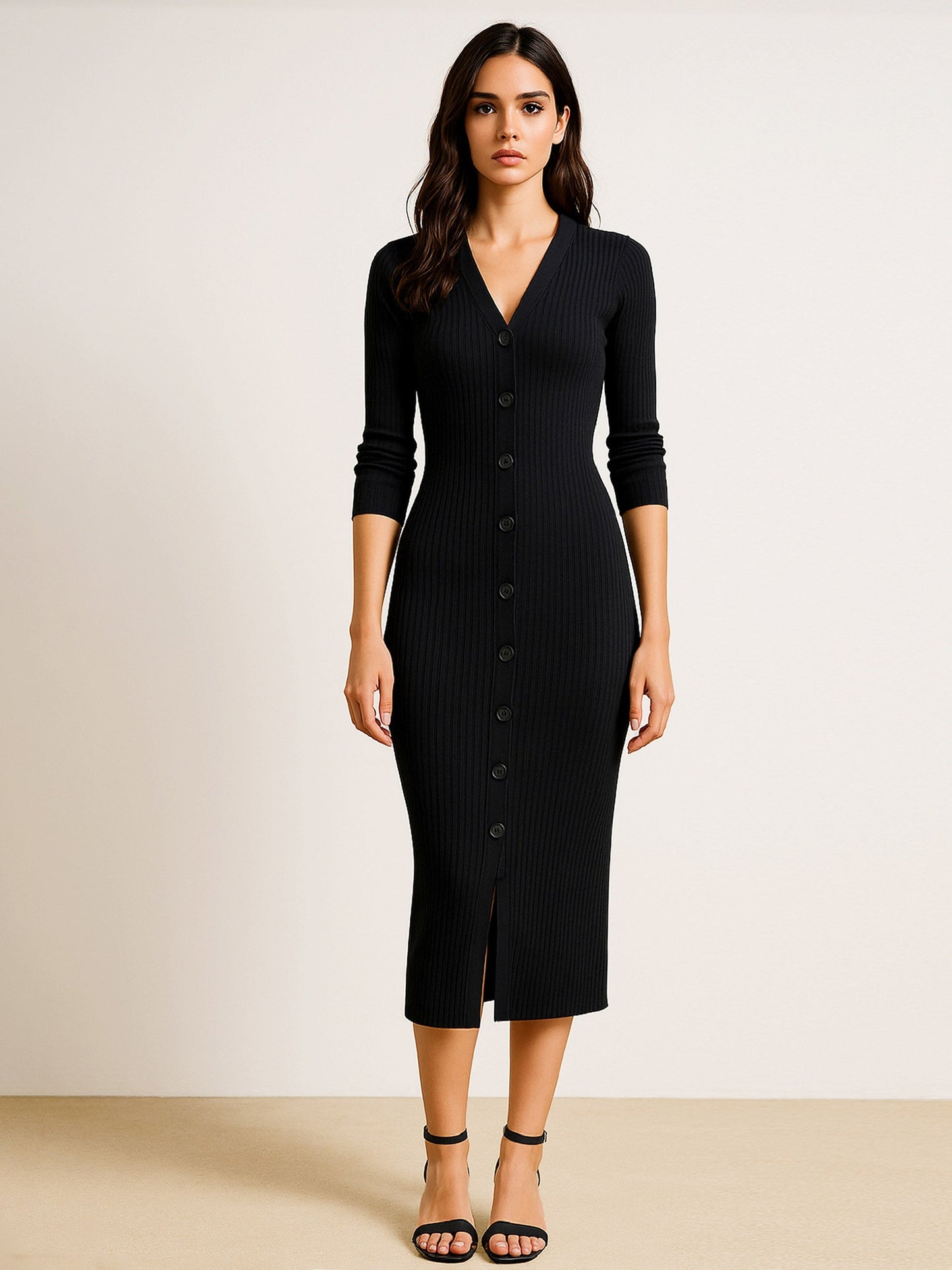 Women's Black Rib Full Front Button V-Neck Midi Dress