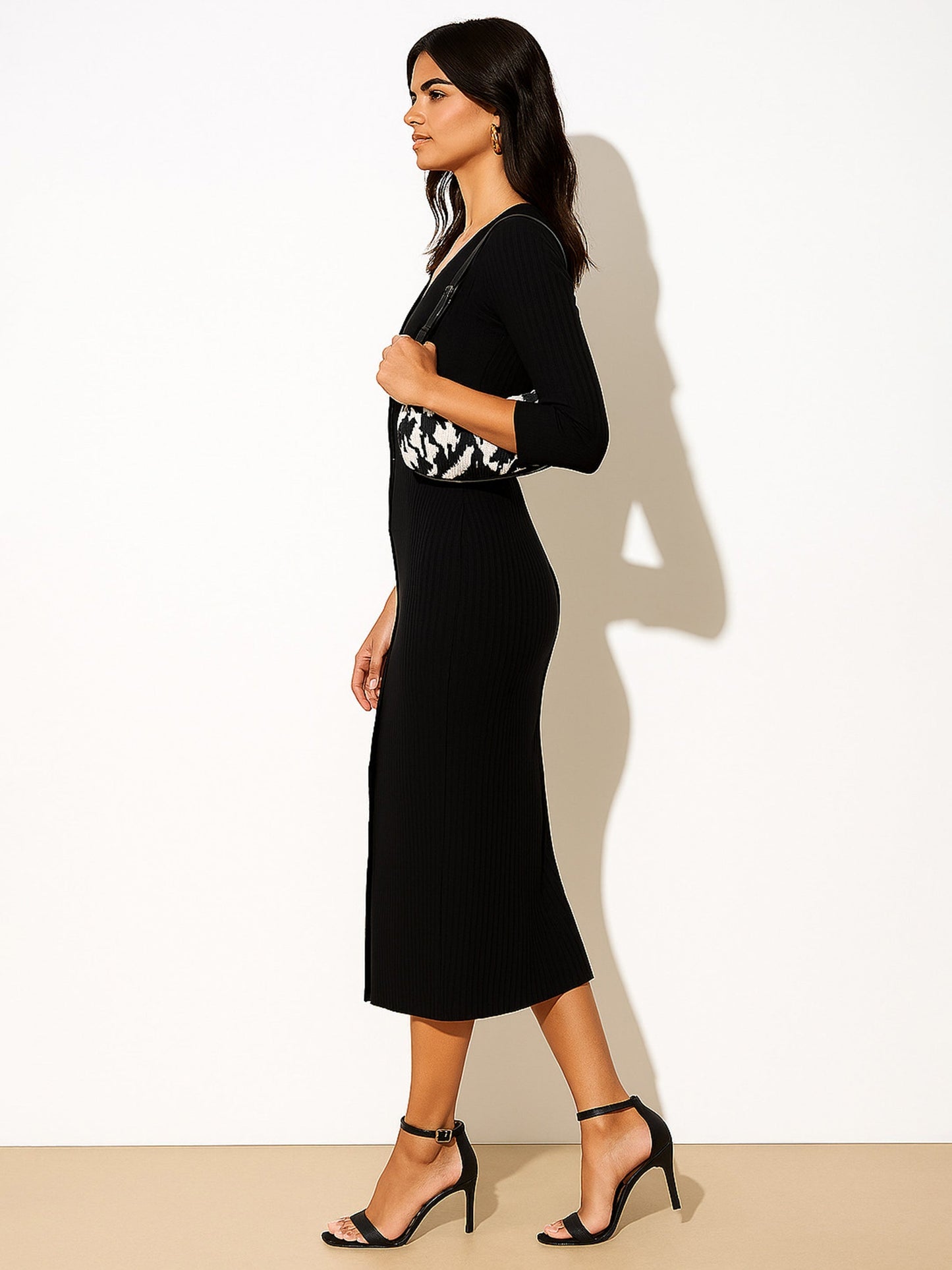 Women's Black Rib Full Front Button V-Neck Midi Dress
