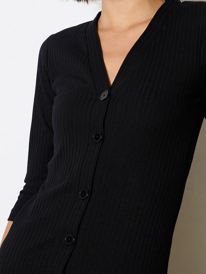Women's Black Rib Full Front Button V-Neck Midi Dress