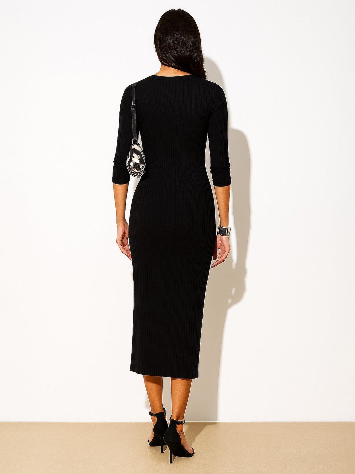 Women's Black Rib Full Front Button V-Neck Midi Dress