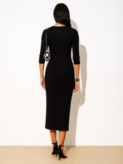Women's Black Rib Full Front Button V-Neck Midi Dress