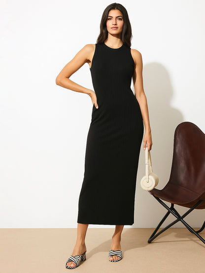 Women's Black Rib Sleeveless Bodycon Maxi Dress