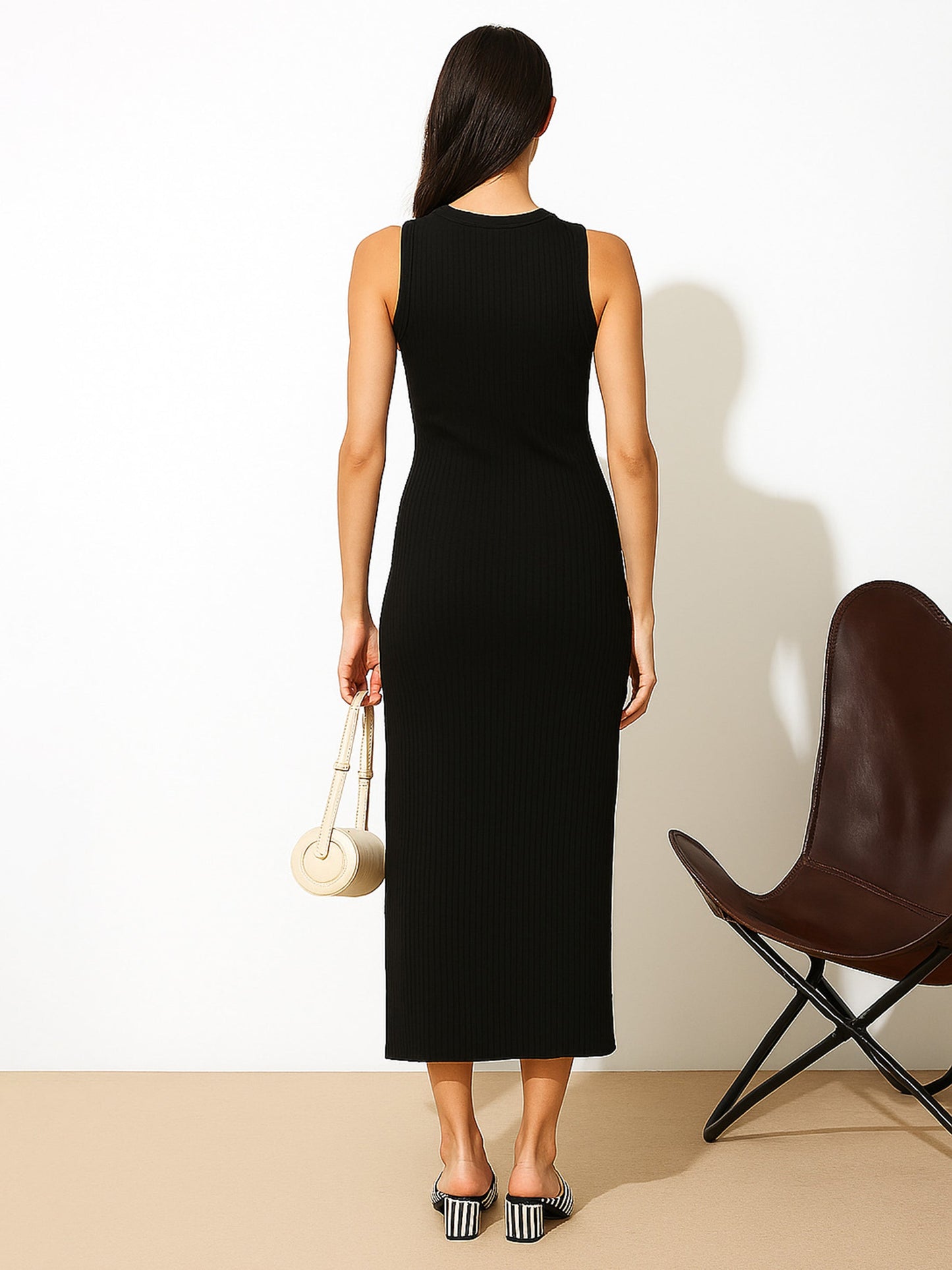 Women's Black Rib Sleeveless Bodycon Maxi Dress