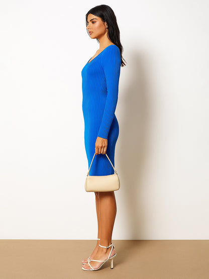 Women's Royal Blue Rib Sweetheart Neck Knee Dress