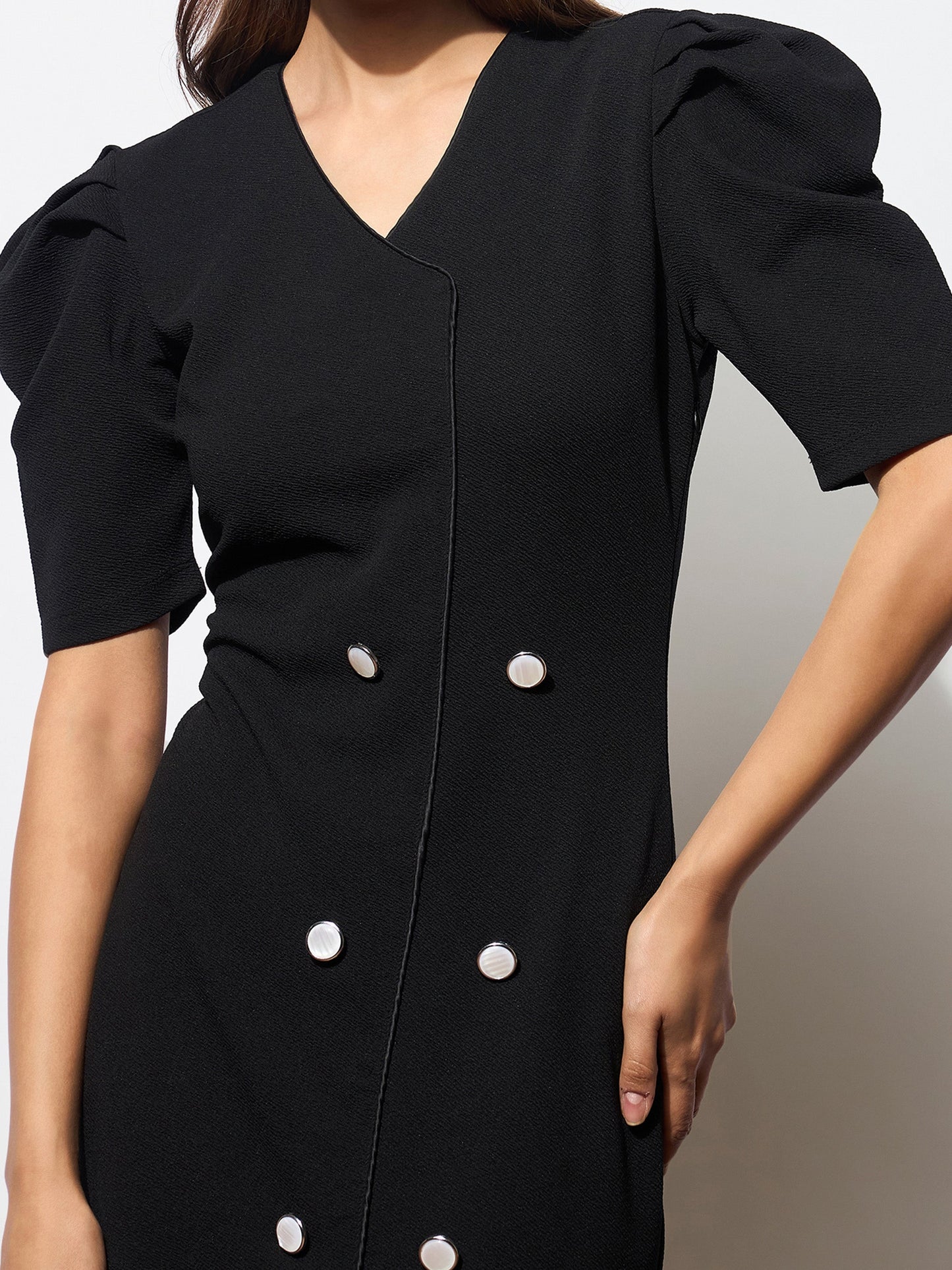 Women's Black Double Button Mock Placket Bodycon Dress