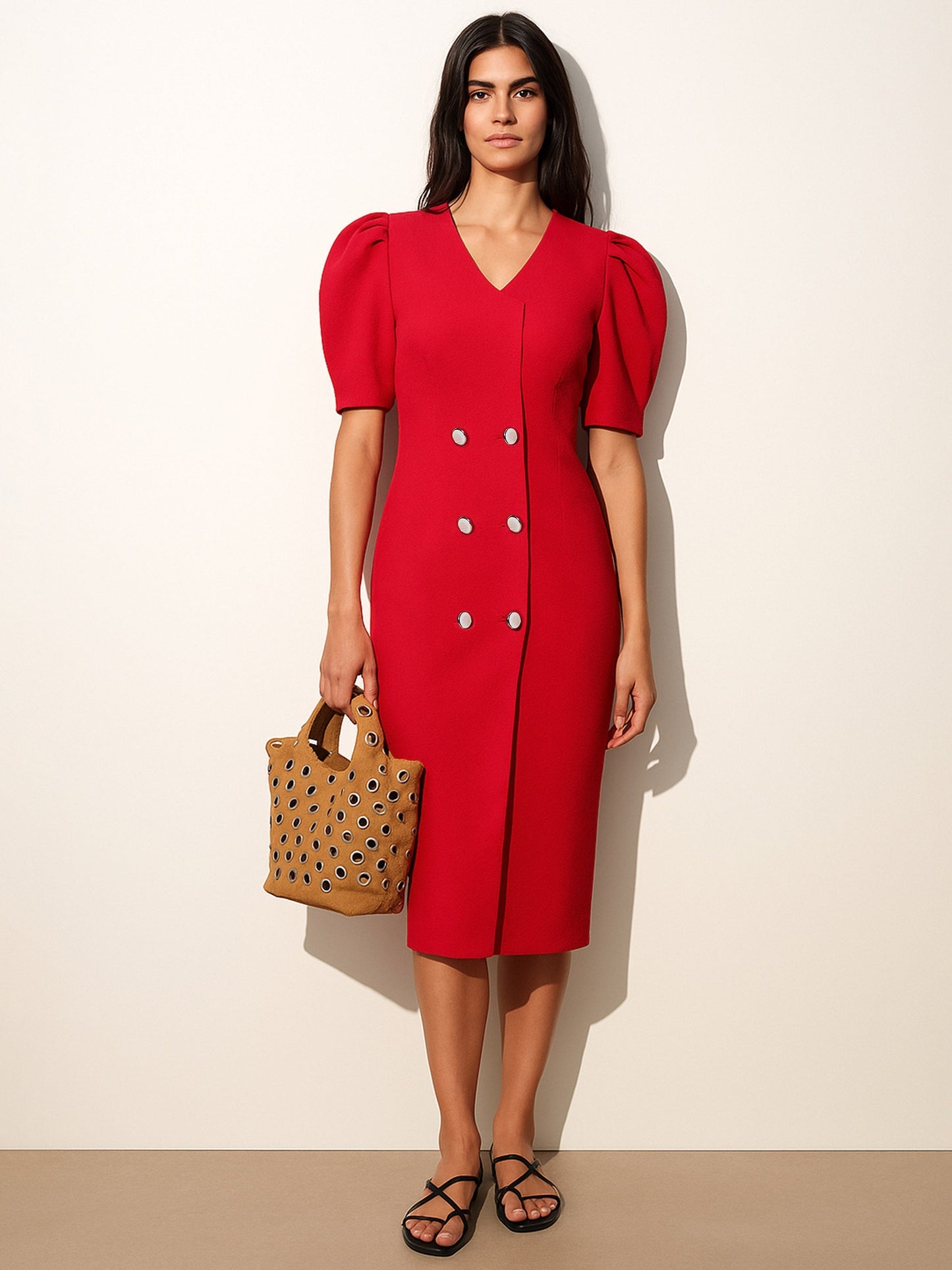 Women's Red Double Button Mock Placket Bodycon Dress