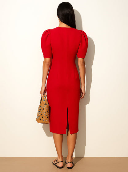 Women's Red Double Button Mock Placket Bodycon Dress