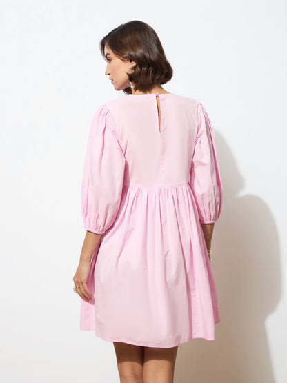 Women's Pink Poplin Smocked Gathered Dress