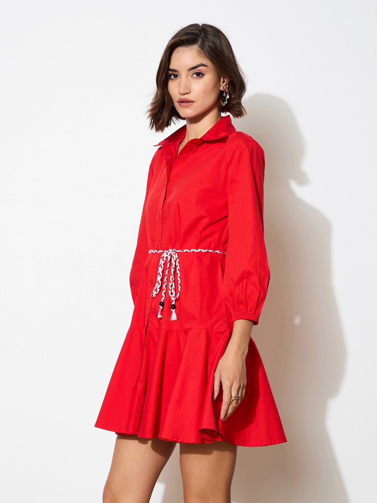 Women's Red Poplin Short Skater Dori-Belt Dress