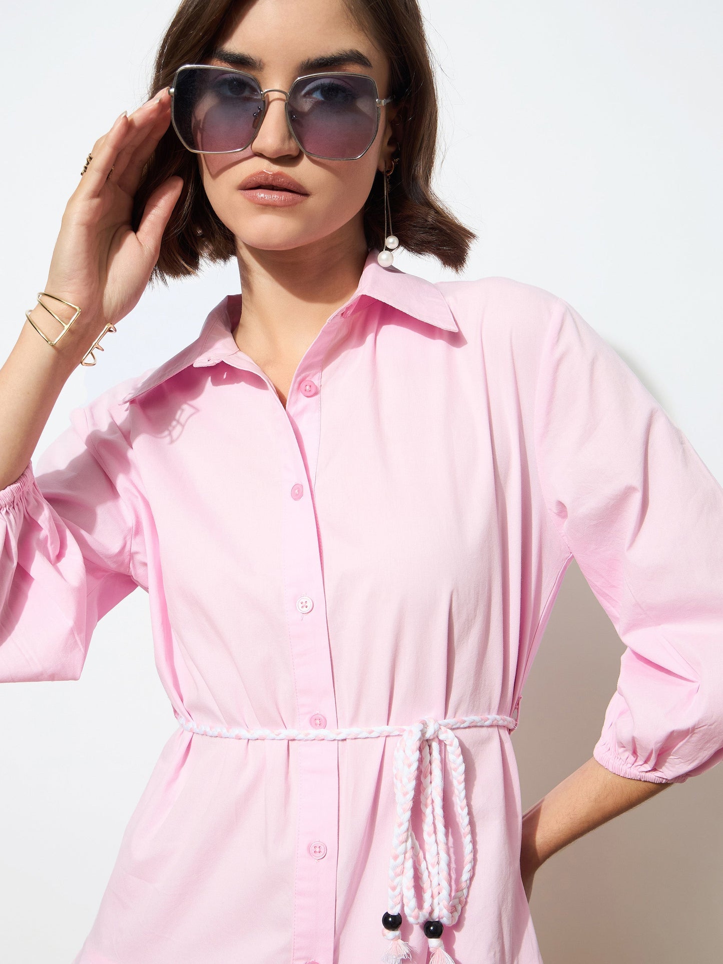 Women's Pink Poplin Short Skater Dori-Belt Dress