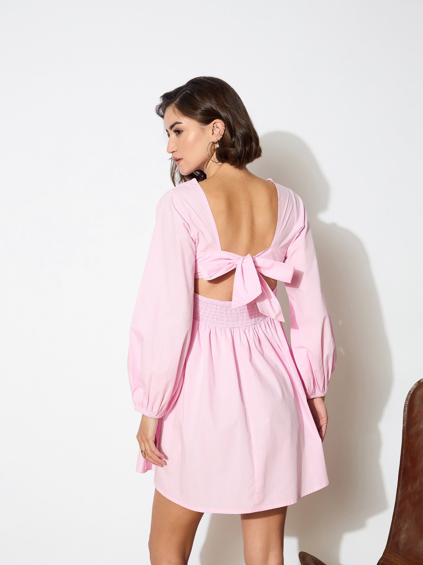 Women's Pink Poplin Back Tie Knot Dress