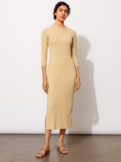 Women's Beige Rib Mock Round Neck Midi Dress