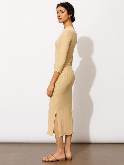 Women's Beige Rib Mock Round Neck Midi Dress