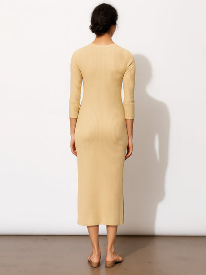 Women's Beige Rib Mock Round Neck Midi Dress