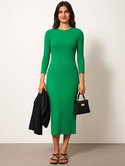 Women's Green Rib Mock Round Neck Midi Dress
