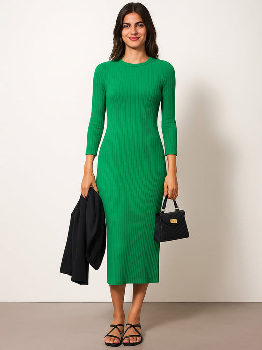 Women's Green Rib Mock Round Neck Midi Dress