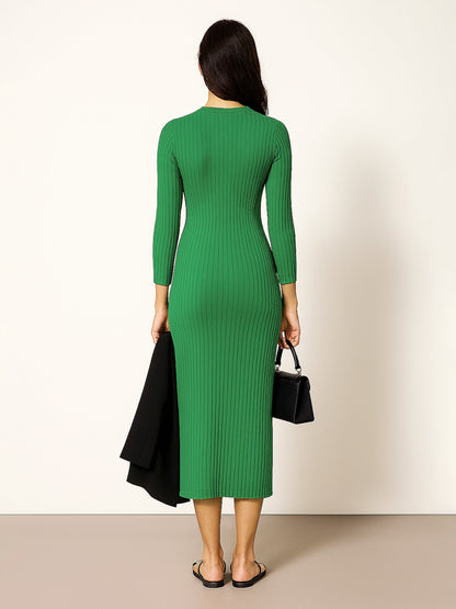 Women's Green Rib Mock Round Neck Midi Dress