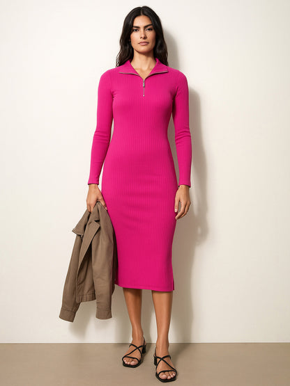 Women's Fuchsia Rib High Neck Front Half Zipper Dress