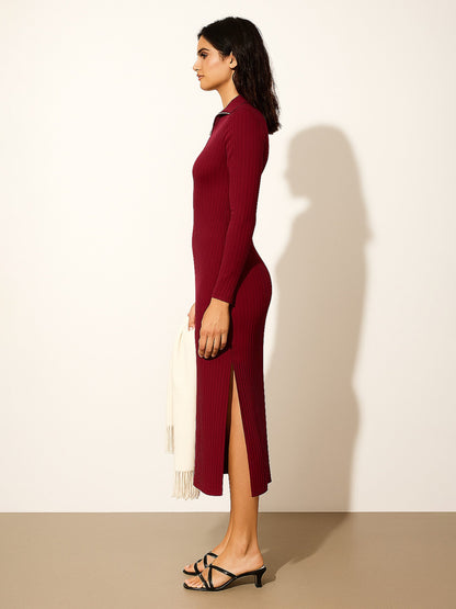 Women's Maroon Rib High Neck Front Half Zipper Dress