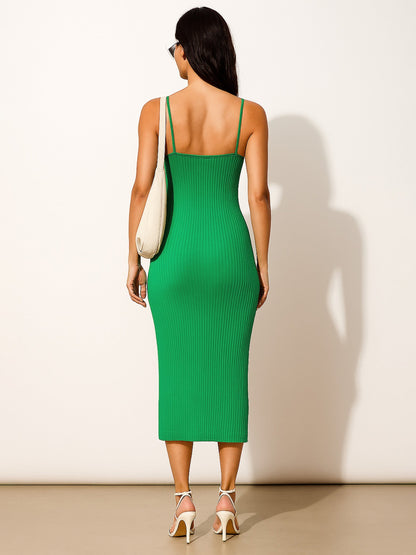 Women's Green Rib Strappy Slip-on Dress