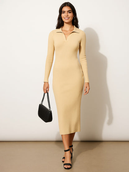 Women's Beige Rib Polo Neck Bodycon Midi Dress
