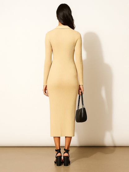 Women's Beige Rib Polo Neck Bodycon Midi Dress