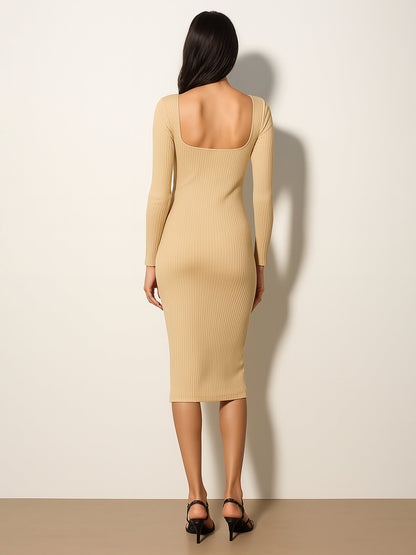 Women's Beige Rib Square Neck FS Midi Dress