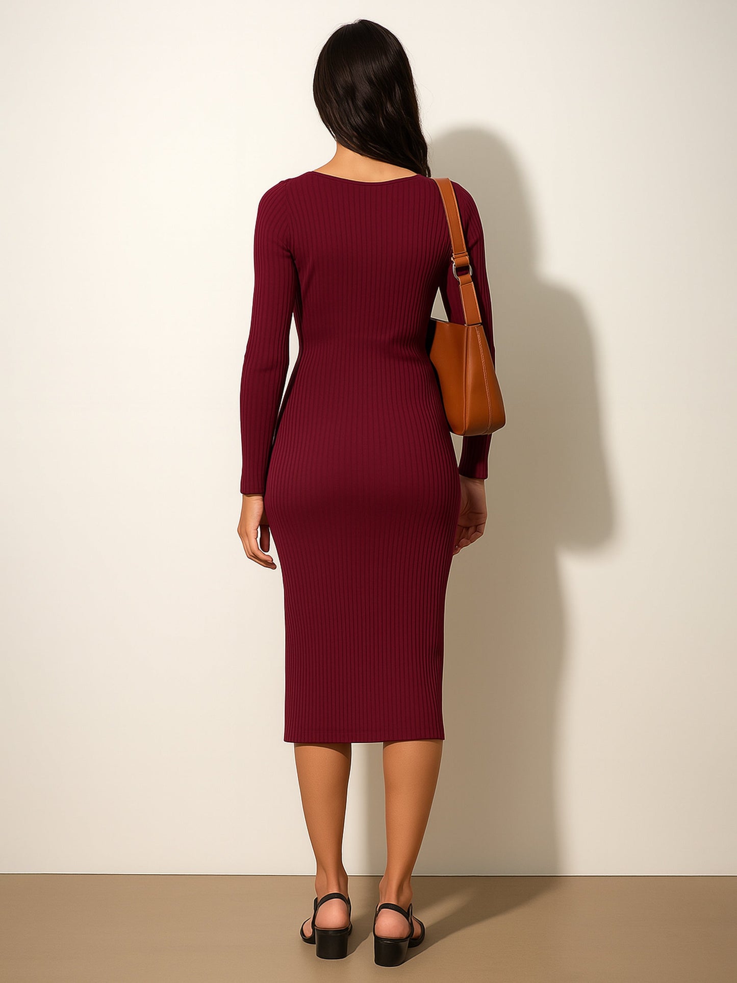 Women's Maroon Rib Sweetheart Neck Knee Dress