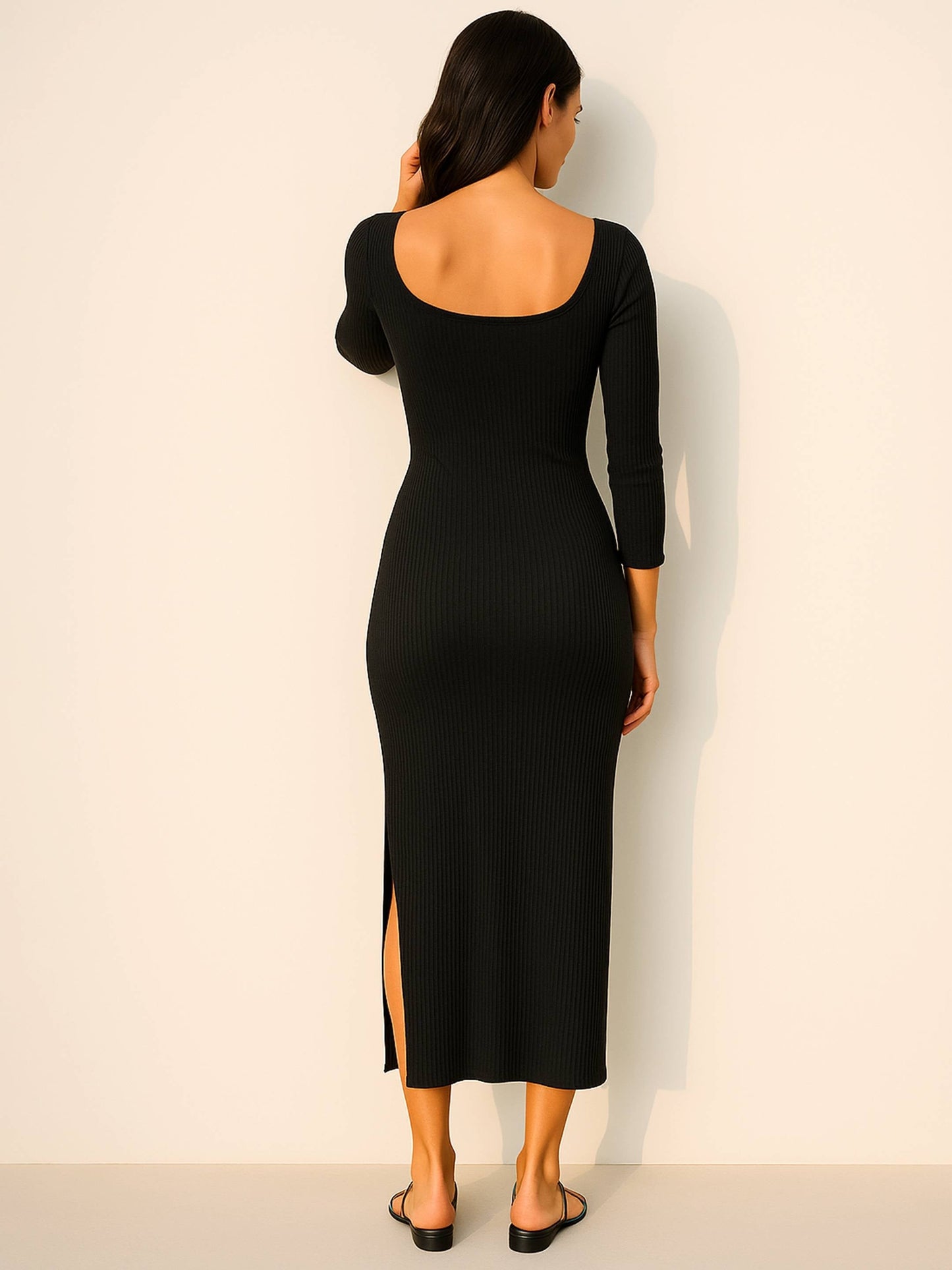Women's Black Rib Side Slit Wrap Neck Cut-Out Midi Dress