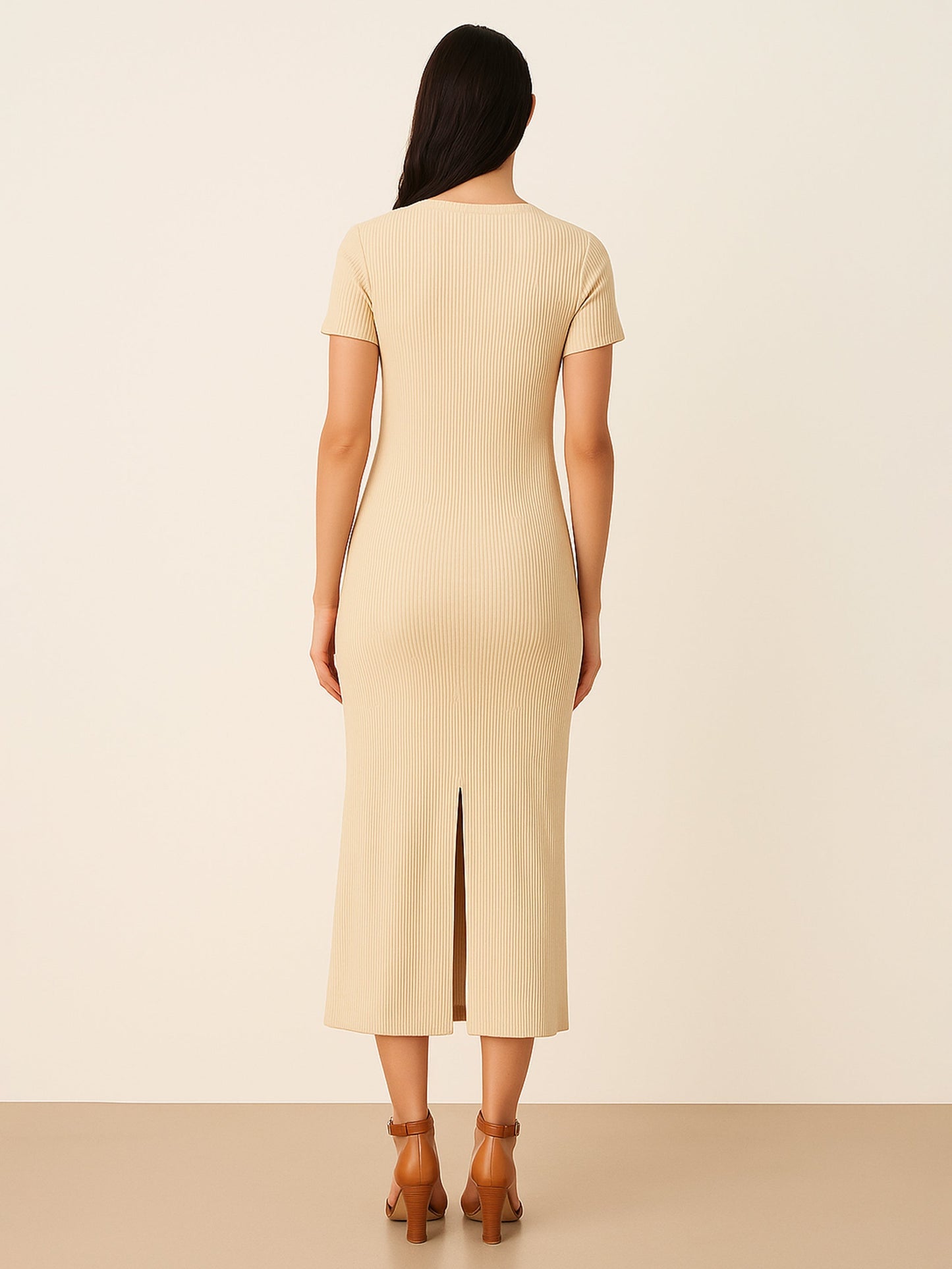 Women's Beige Rib Bodycon Back Slit Maxi Dress