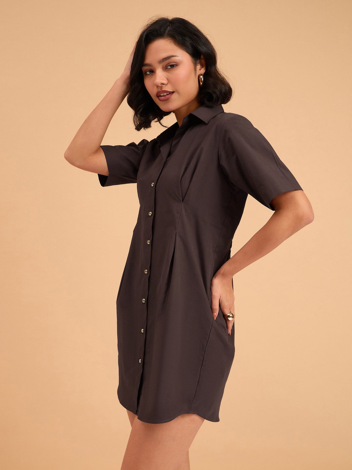 Women's Brown Smocked Pure Cotton Shirt Mini Dress