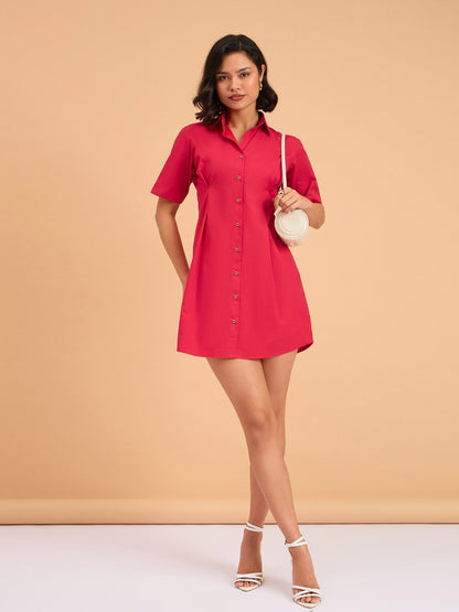 Women's Red Smocked Pure Cotton Shirt Mini Dress