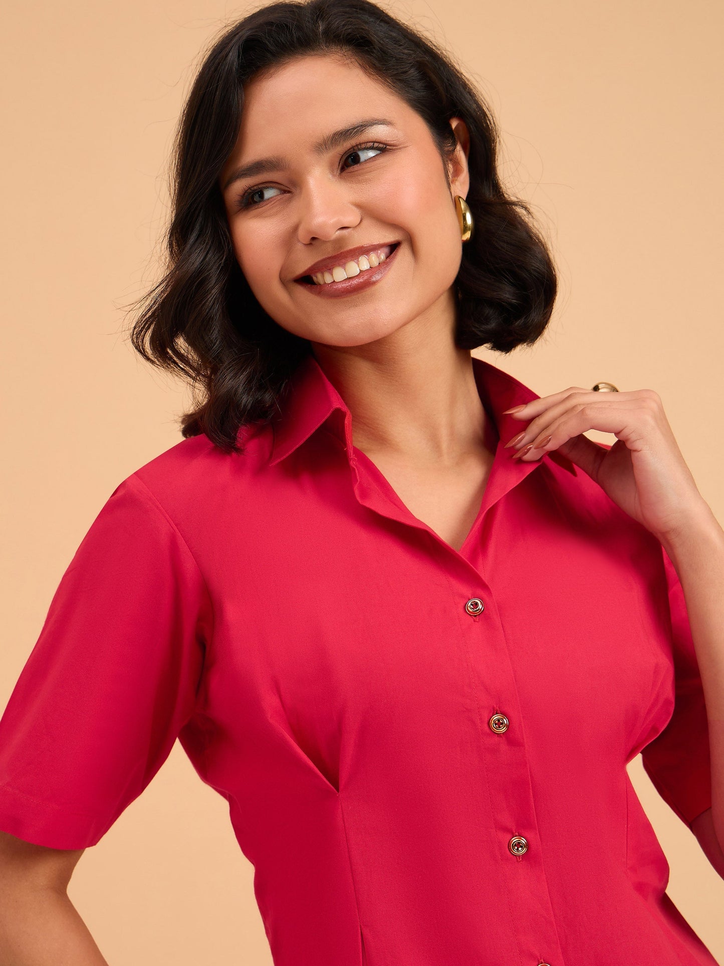 Women's Red Smocked Pure Cotton Shirt Mini Dress