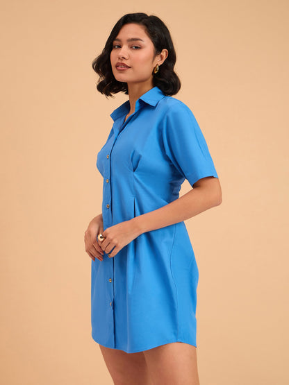 Women's Royal Smocked Pure Cotton Shirt Mini Dress
