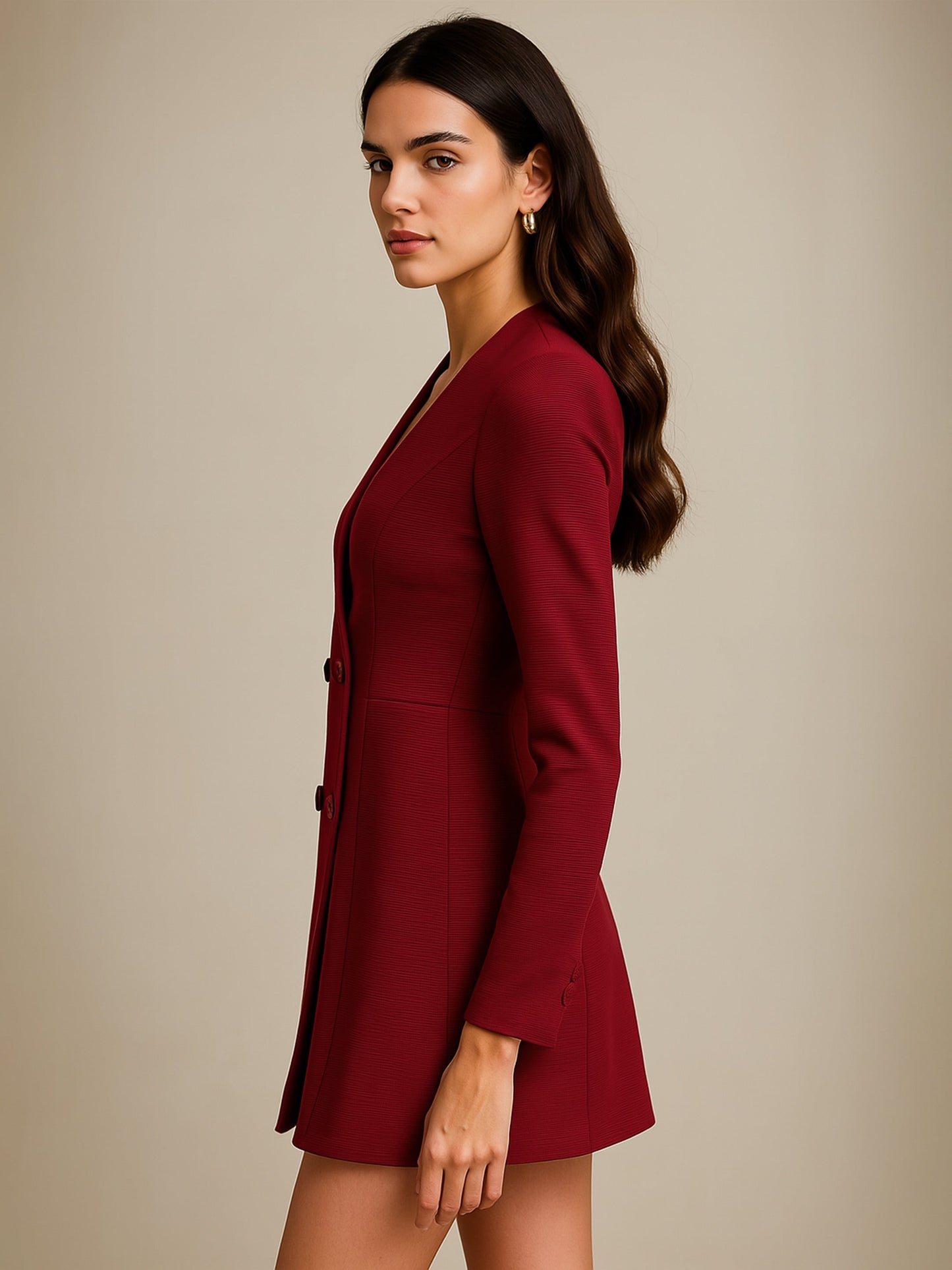 Women's Maroon Double Breasted Short Dress