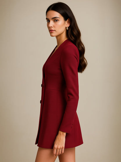 Women's Maroon Double Breasted Short Dress
