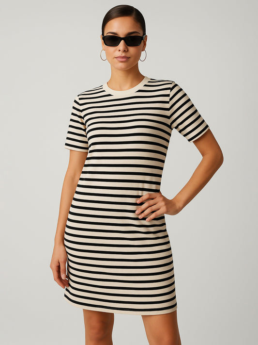 Women's Black & Beige Stripe Short T-shirt Dress