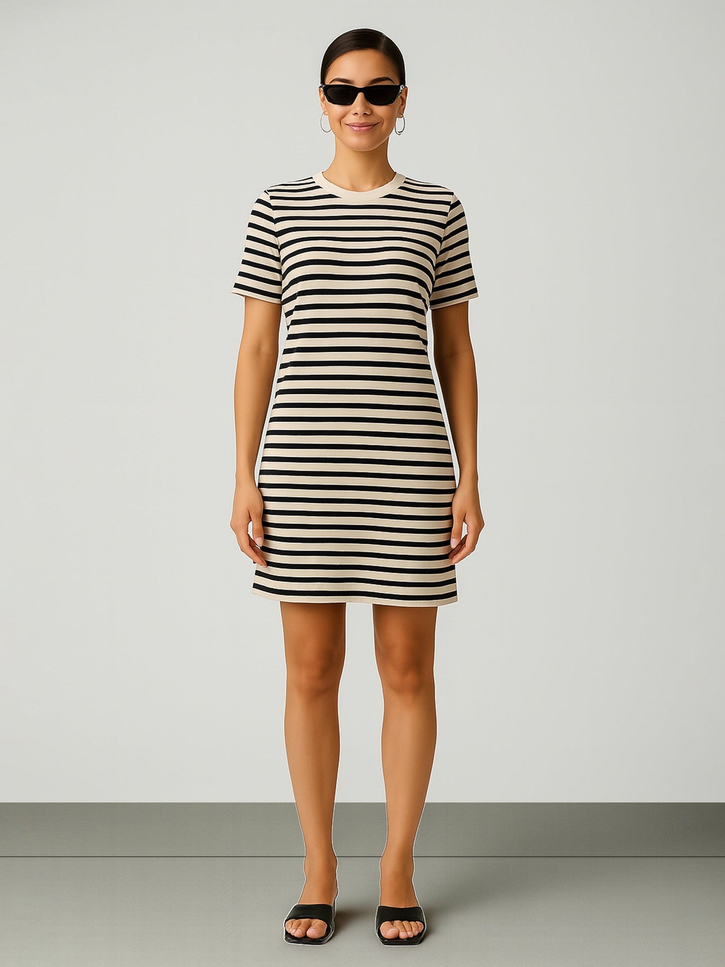 Women's Black & Beige Stripe Short T-shirt Dress