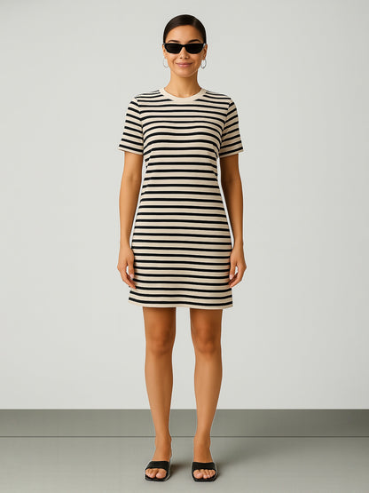 Women's Black & Beige Stripe Short T-shirt Dress