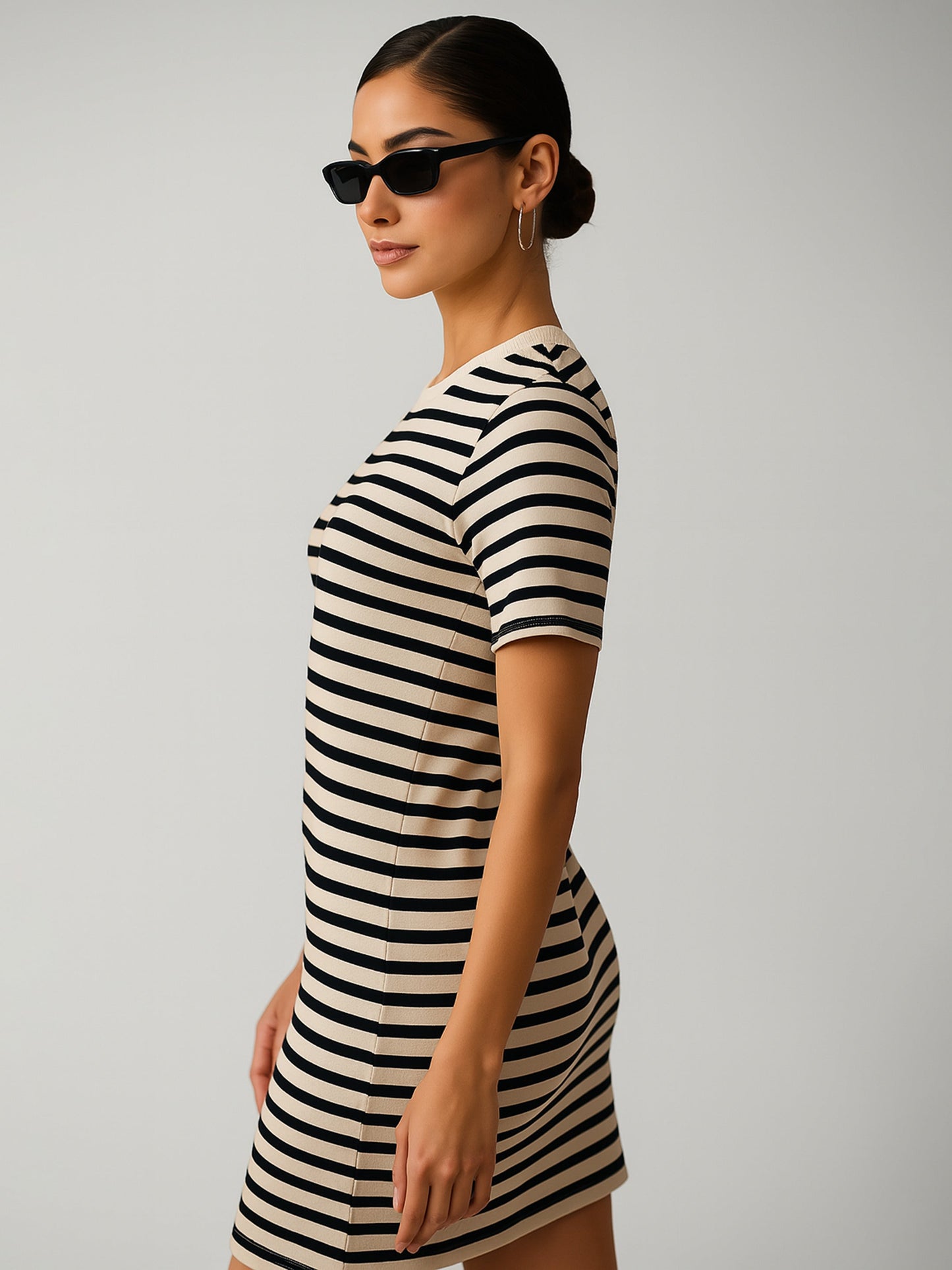 Women's Black & Beige Stripe Short T-shirt Dress