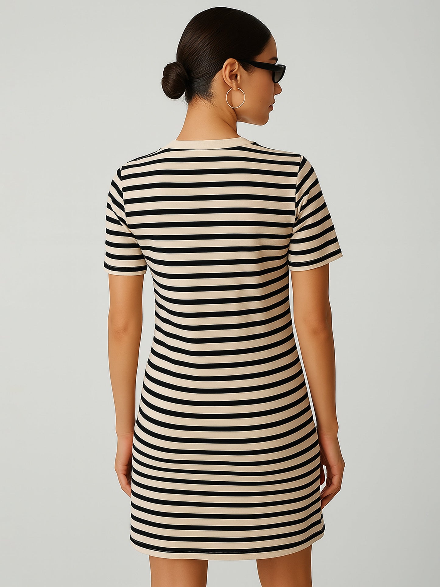 Women's Black & Beige Stripe Short T-shirt Dress