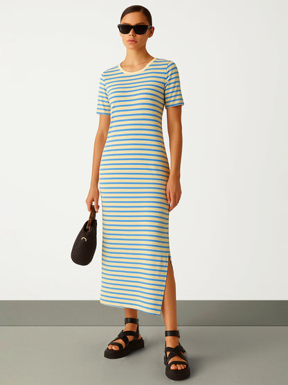 Women's Blue & Beige Stripe T-shirt Maxi Dress