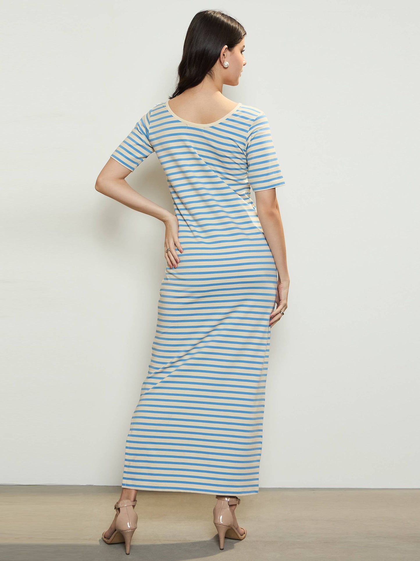 Women's Blue & Beige Stripe T-shirt Maxi Dress