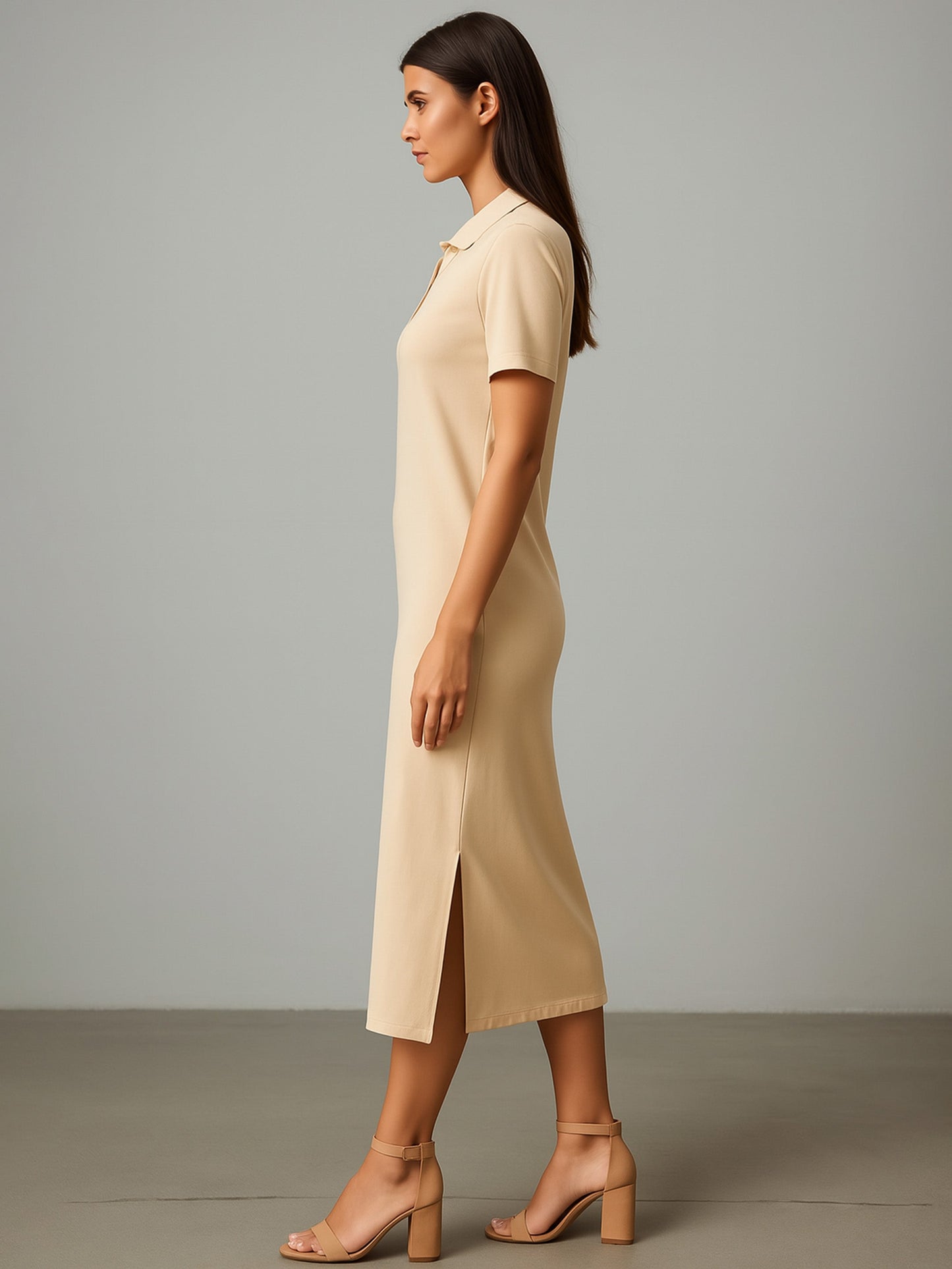 Women's Beige Polo Collar Neck T-Shirt Dress