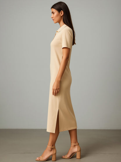 Women's Beige Polo Collar Neck T-Shirt Dress