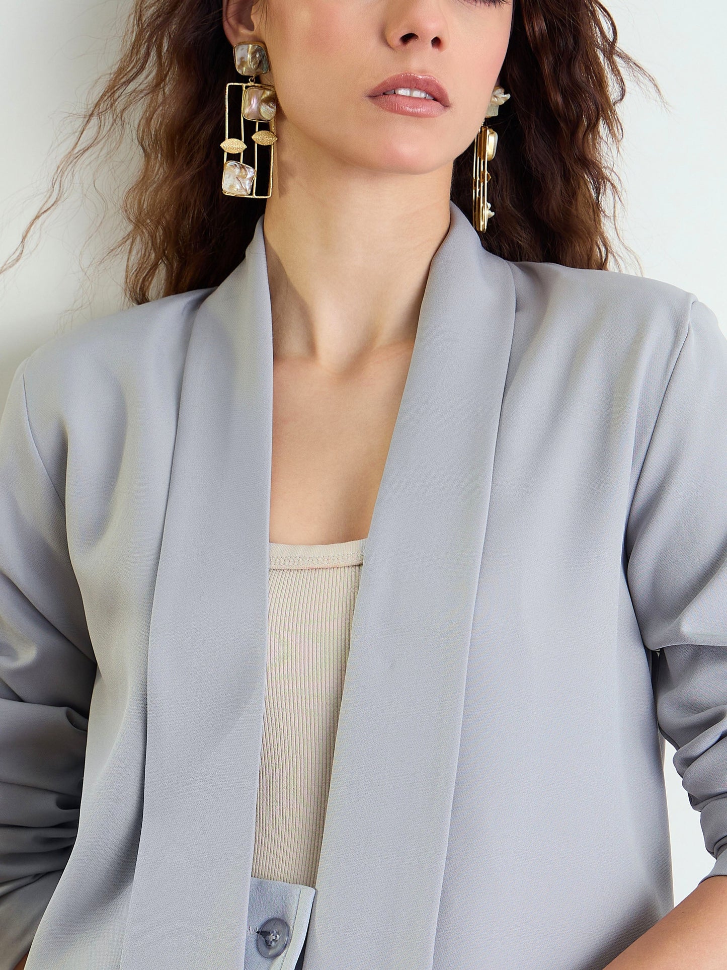 Women's Grey Lapel Collar Front Open Blazer