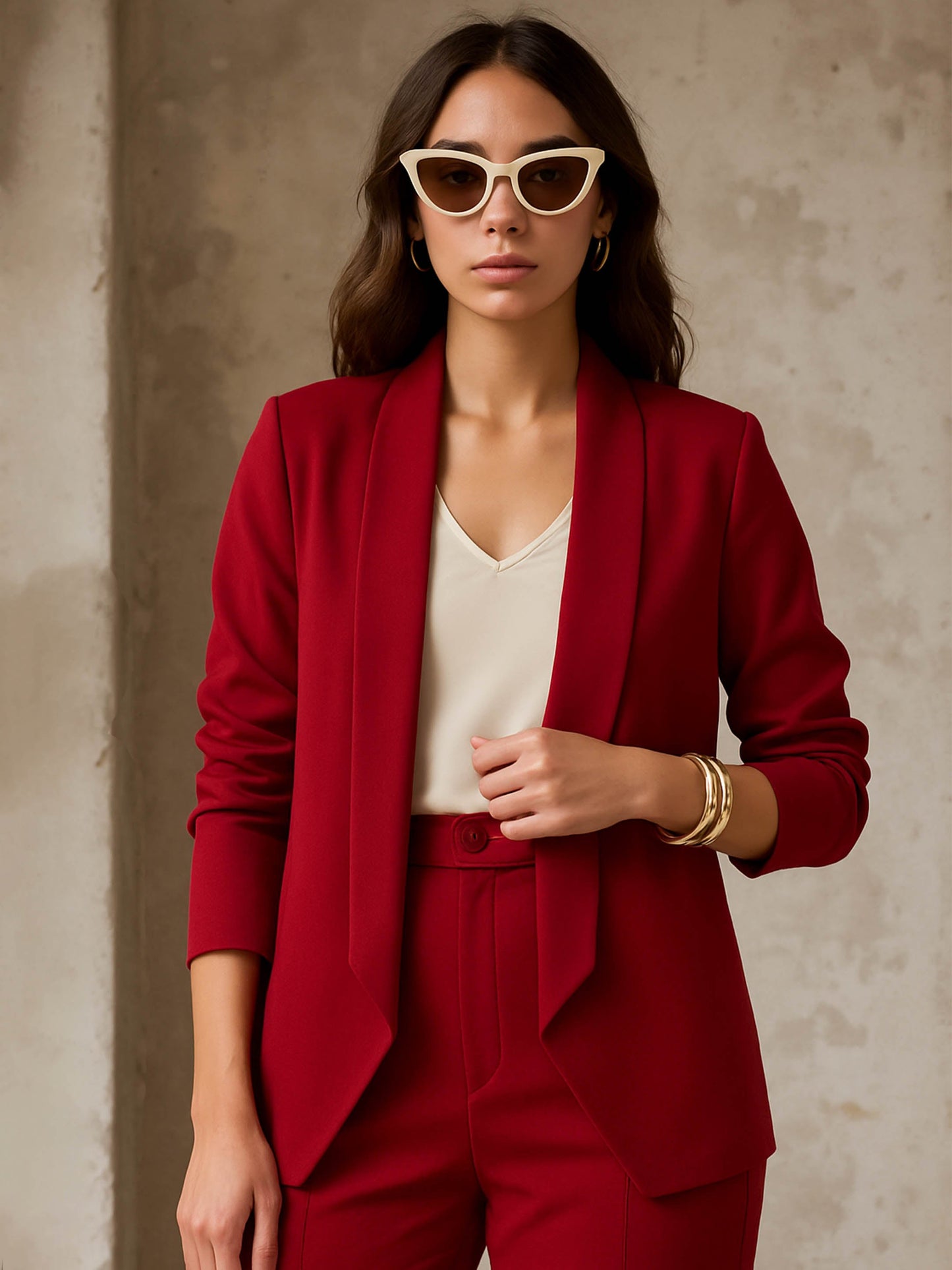 Women's Maroon Lapel Collar Front Open Blazer