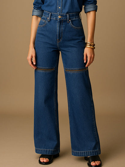 Women's Blue Zipper Design Baggy Jeans