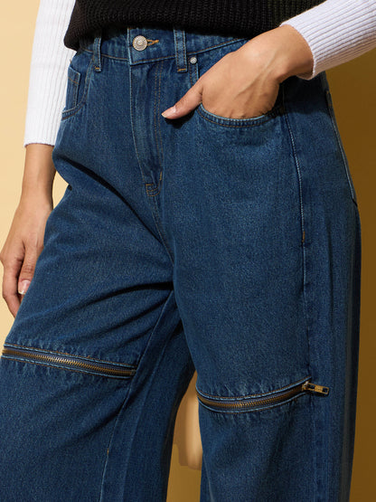 Women's Blue Zipper Design Baggy Jeans