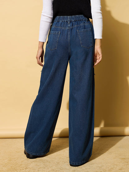 Women's Blue Zipper Design Baggy Jeans